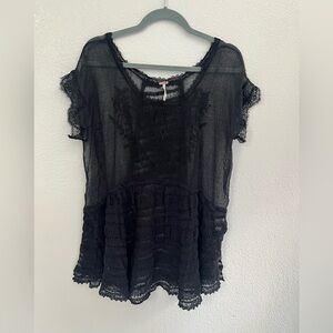 Free People Black Short Sleeve Sheer Lace Top Goth Punk Dark Size XS Oversized
